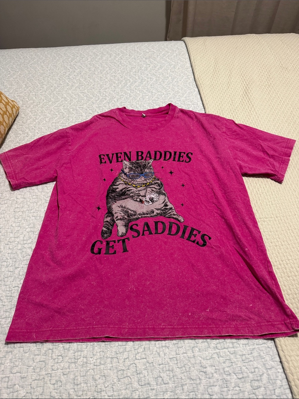 Pink Cat Graphic Tee - Even Baddies Get Saddies